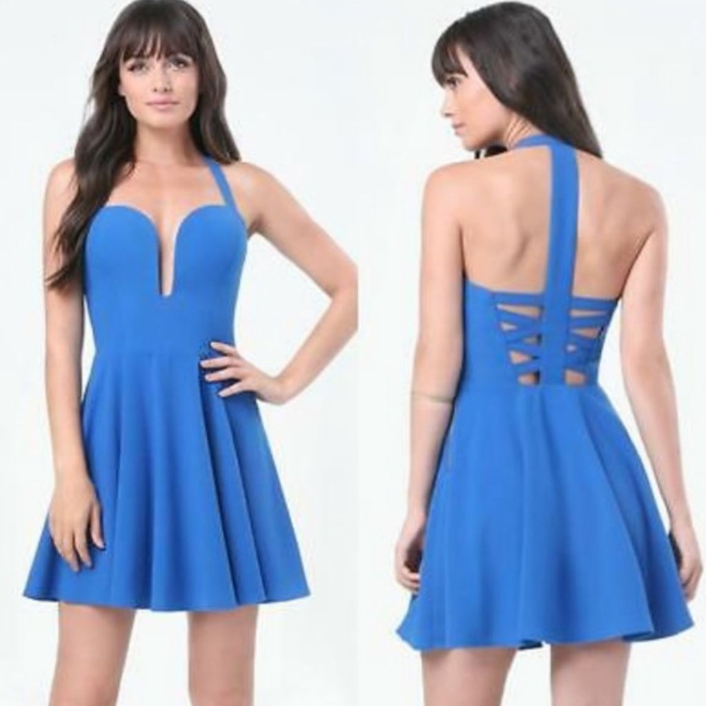 Bebe x Naven Blue Plunge Neck Racerback Sleeveless Fit Flare Mini Dress Sz 4